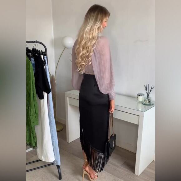 Zara Black Fringed Satin Effect Skirt - Picture 4 of 16